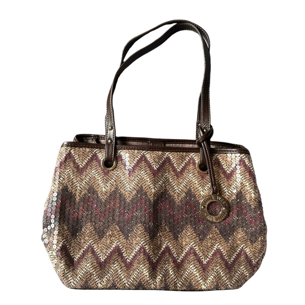 Nine West Sequin Brown Gold Red Chevron Y2K Tote Purse Brown Faux Leather Women